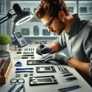 DALL·E 2024-08-06 18.22.06 – A highly realistic scene of smartphone repair. A technician is carefully working on a disassembled smartphone on a clean, well-organized workbench. Th